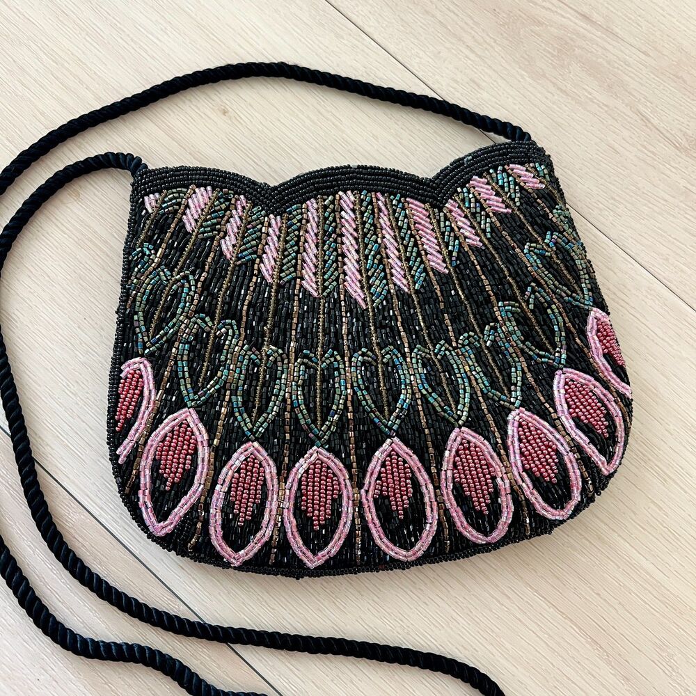 Vintage 80s Le Soir Art Deco Clamshell Beaded Evening Crossbody Bag Handmade